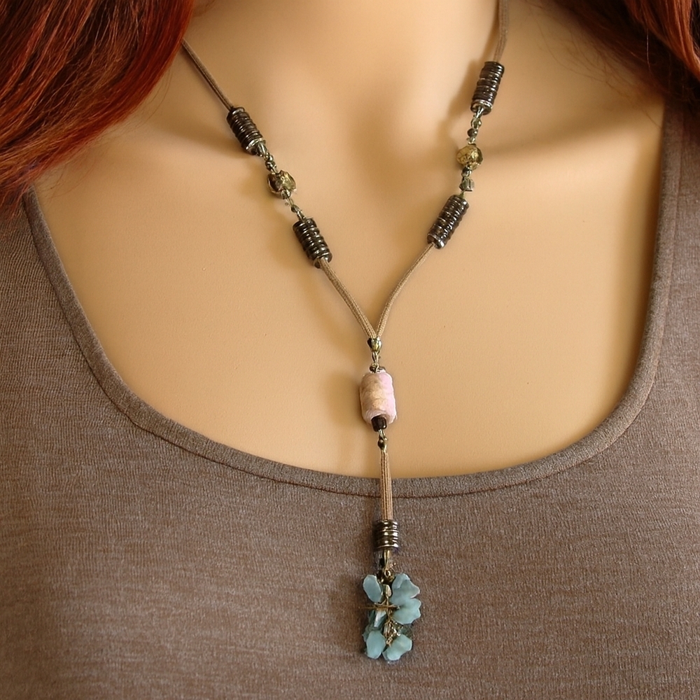 Gold-Tone Brown Cord  Colorful Beaded Necklace w/ Beads Cluster Pendant, Chic